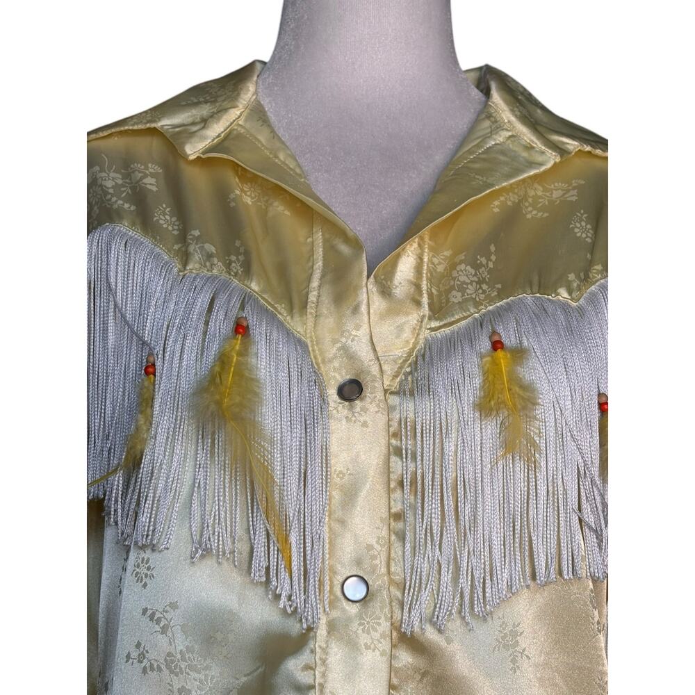 Vintage Butter Yellow Satin Fringe Floral Western Shirt Feather Rodeo Festival - Picture 3 of 11